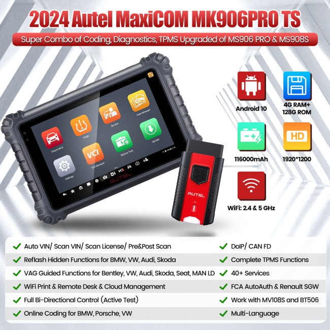 2024 Autel MaxiCOM MK906Pro TS OBD2 Bi-Directional Diagnostic Scanner & TPMS Tool with ECU Coding No IP Restriction
