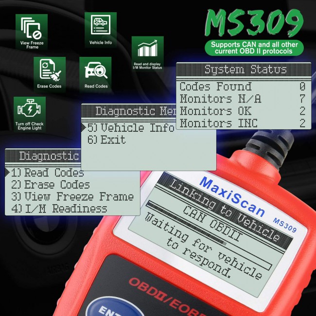 Autel MaxiScan MS309 Universal OBD2 Scanner Engine Light Fault Code Reader, Reading & Erasing Codes, Viewing Freeze Frame Data and Retrieving I/M Read