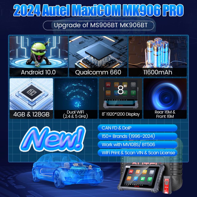 2024 Autel MaxiCOM MK906 PRO Scanner Upgraded of MS906 Pro/ MK906BT Diagnostic Tool with Advanced ECU Coding