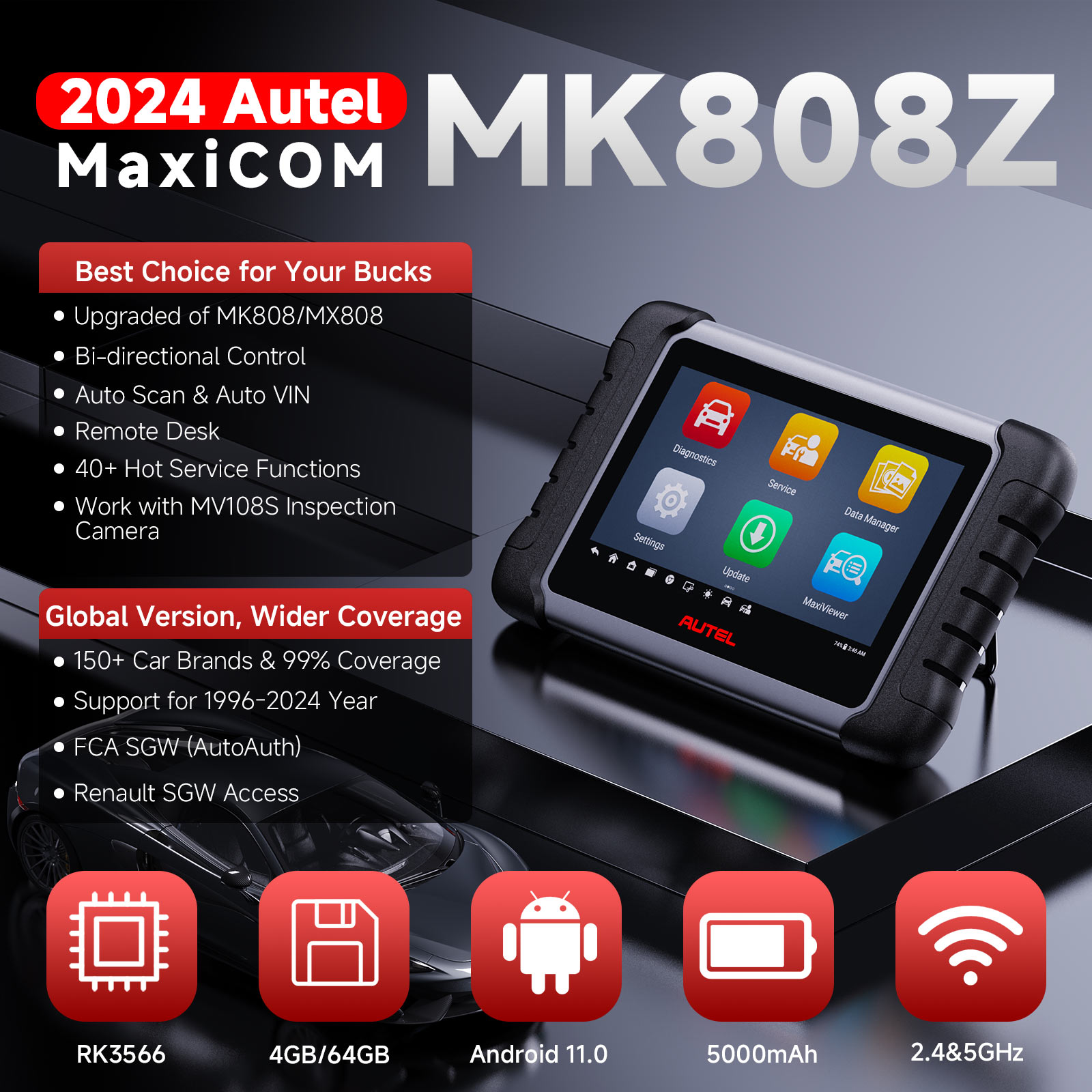 Autel MaxiCOM MK808BT PRO: 2024 Android 11 Bidrectional & Active Test Scan  Tool, BT Version of MK808S MK808Z MaxiCheck MX808S, 28+ Resets All System